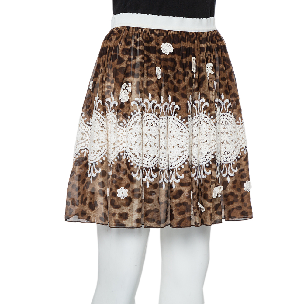

Dolce & Gabbana Brown Animal printed Silk & Lace Paneled Mini Skirt