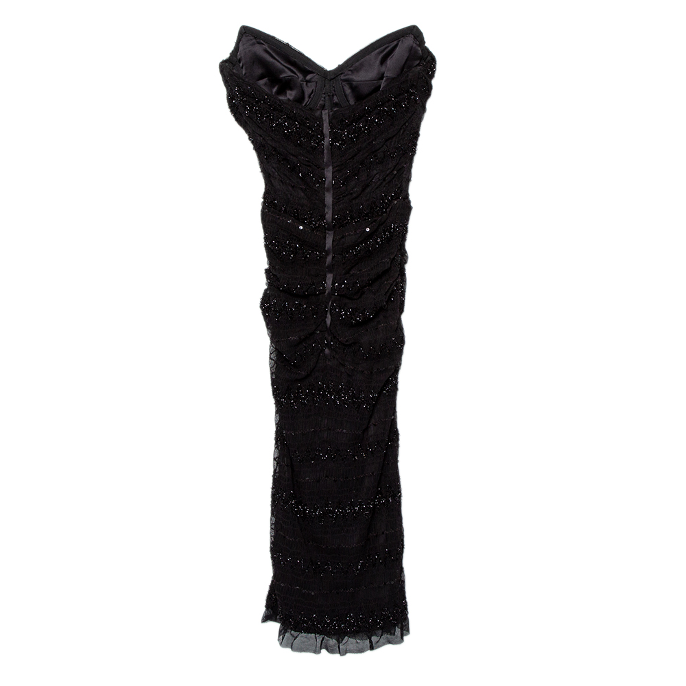 

Dolce & Gabbana Black Embellished Tulle Ruched Strapless Midi Dress