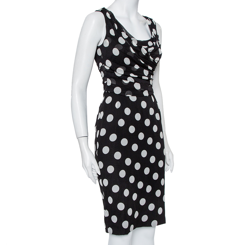 

Dolce & Gabbana Monochrome Polka Dot Printed Silk Draped Sleeveless Midi Dress S, Black