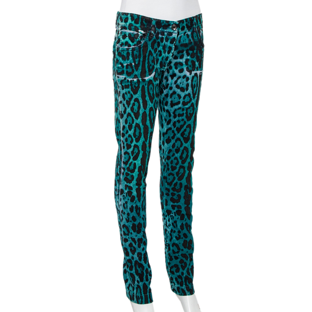 

Dolce & Gabbana Green & Blue Animal Printed Denim Tapered Leg Jeans