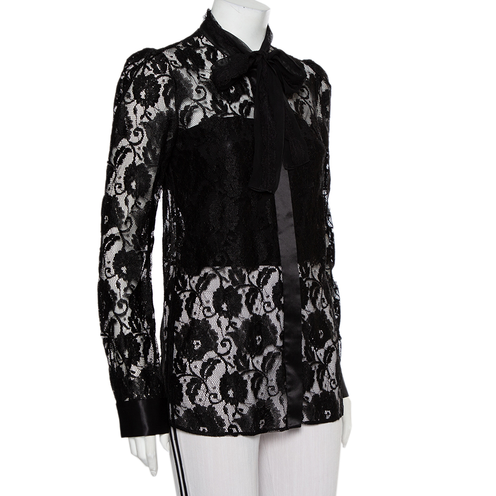 

Dolce & Gabbana Black Lace Neck Tie Detail Shirt