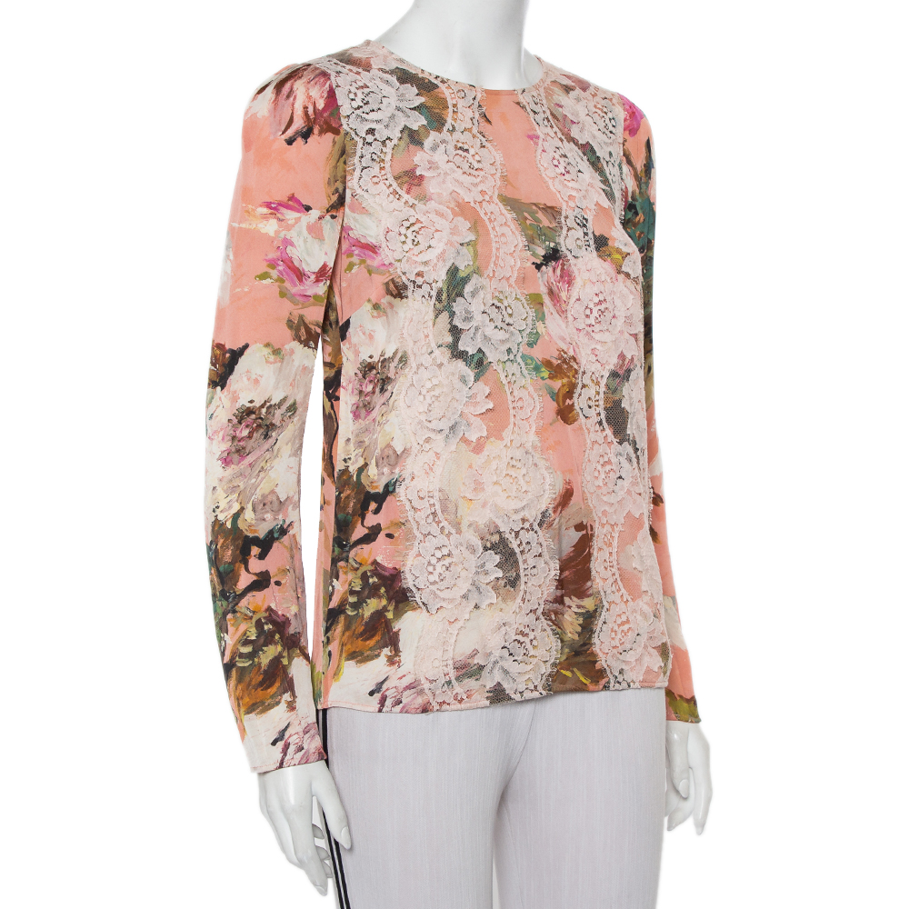 

Dolce & Gabbana Pink Floral Printed Silk Lace Trim Top
