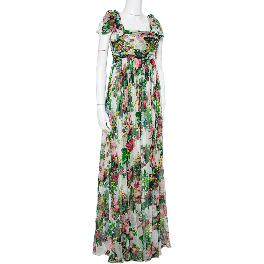 

Dolce & Gabbana Vintage Multicolor Floral Printed Silk Waist Tie Detail Sleeveless Long Dress