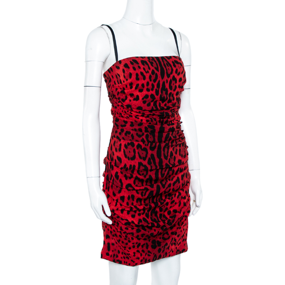 

Dolce & Gabbana Red Animal Printed Ruched Sleeveless Dress