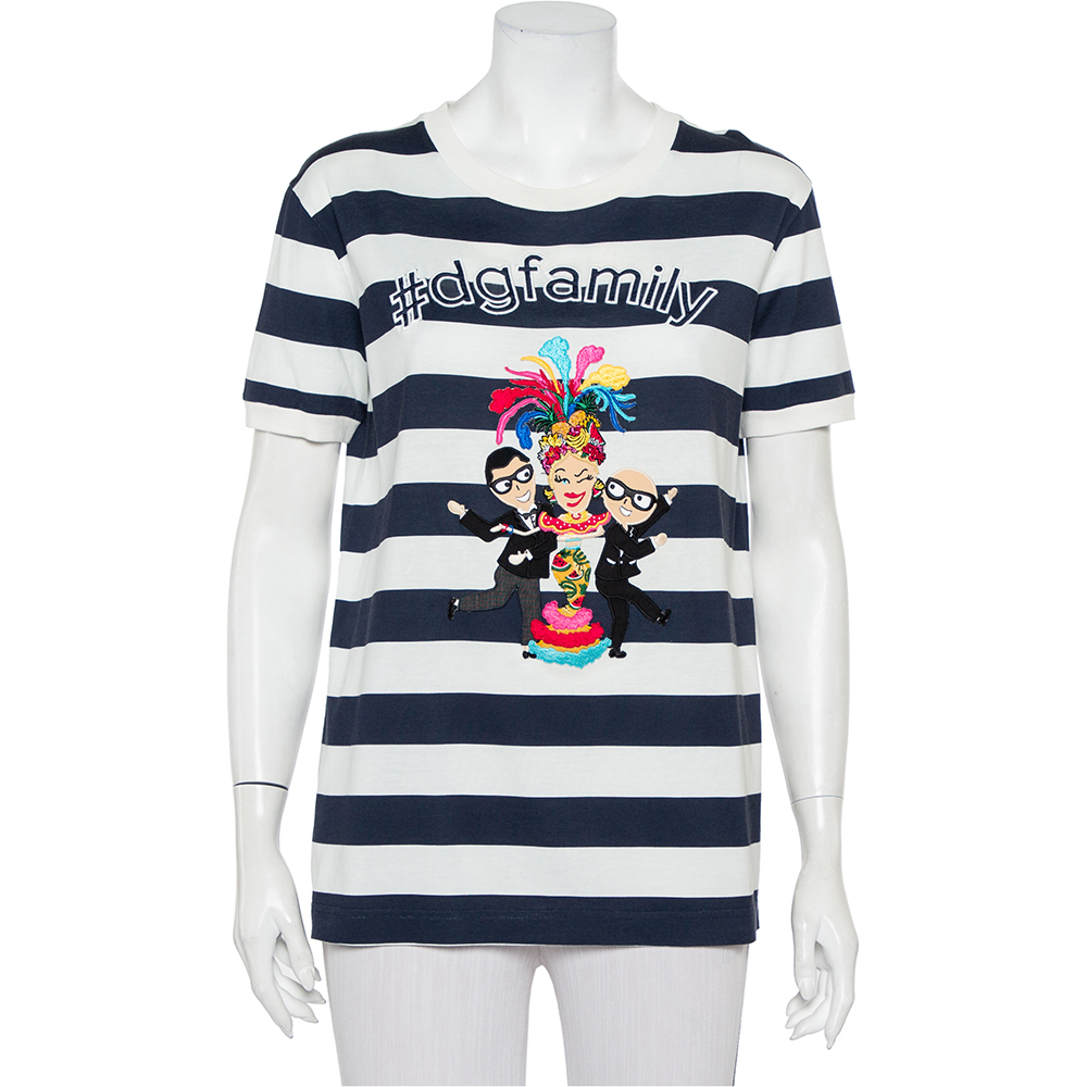 

Dolce & Gabbana White & Navy Blue Striped Cotton Patch Detail Crewneck T-Shirt