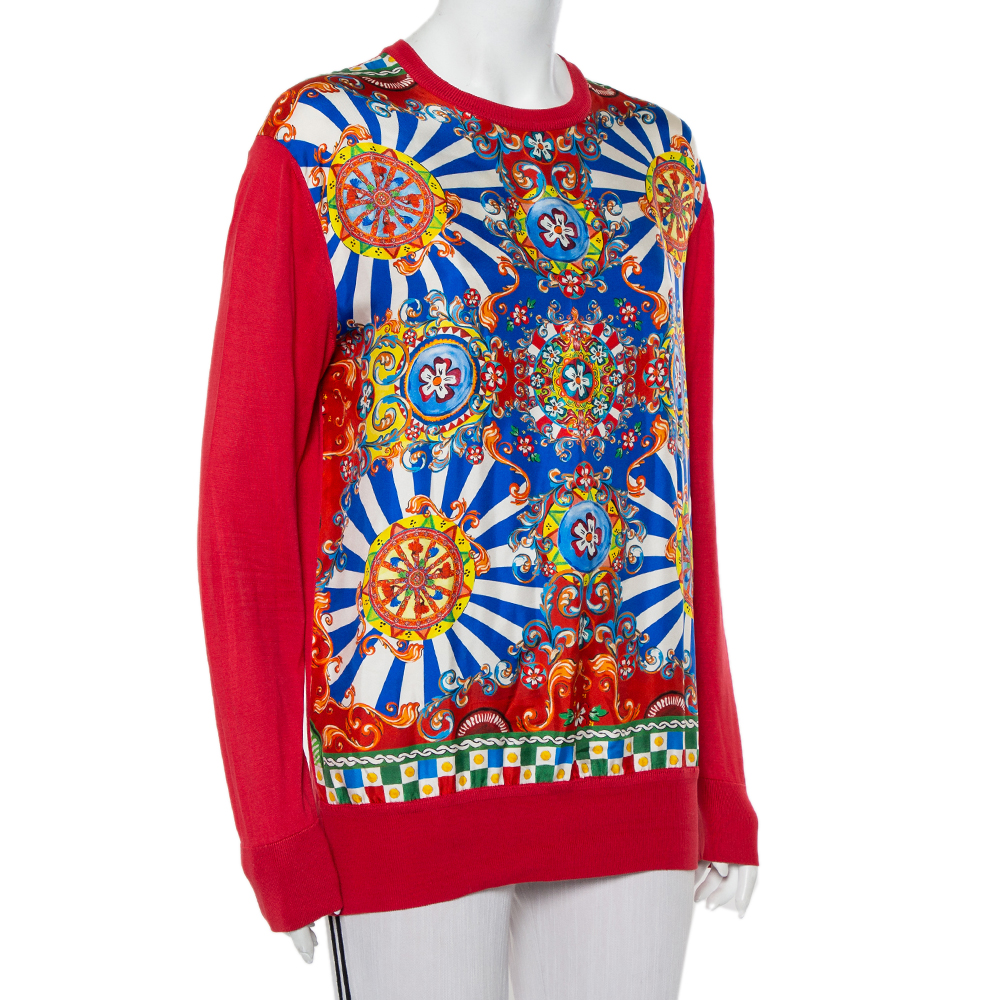 

Dolce & Gabbana red Carretto Siciliano Printed Silk & Knit Crewneck Jumper