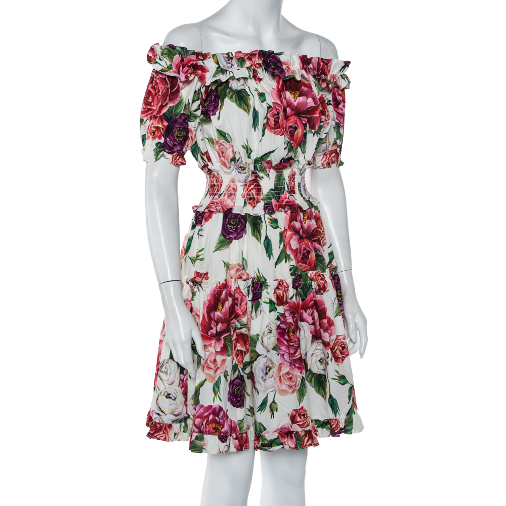 

Dolce & Gabbana White Peony Printed Cotton Ruffle Detail Off Shoulder Mini Dress XS