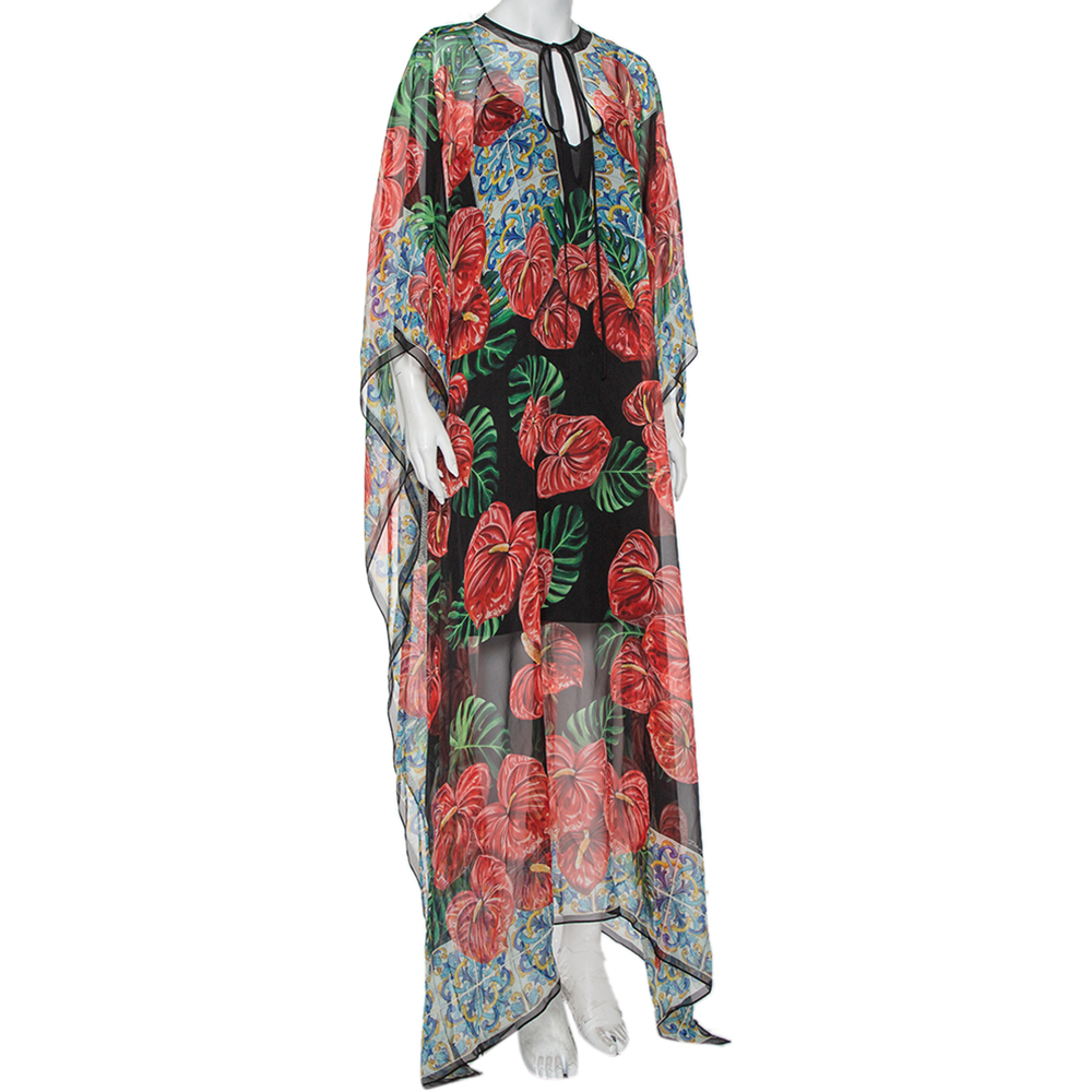 

Dolce & Gabbana Multicolor Anthurium Printed Silk Kaftan Maxi Dress