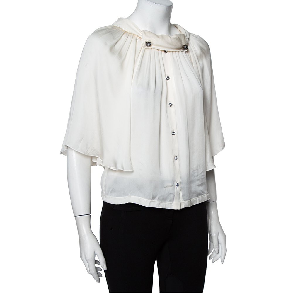 

Dolce & Gabbana off White Silk Embellished Button Detail Bell Sleeve Top