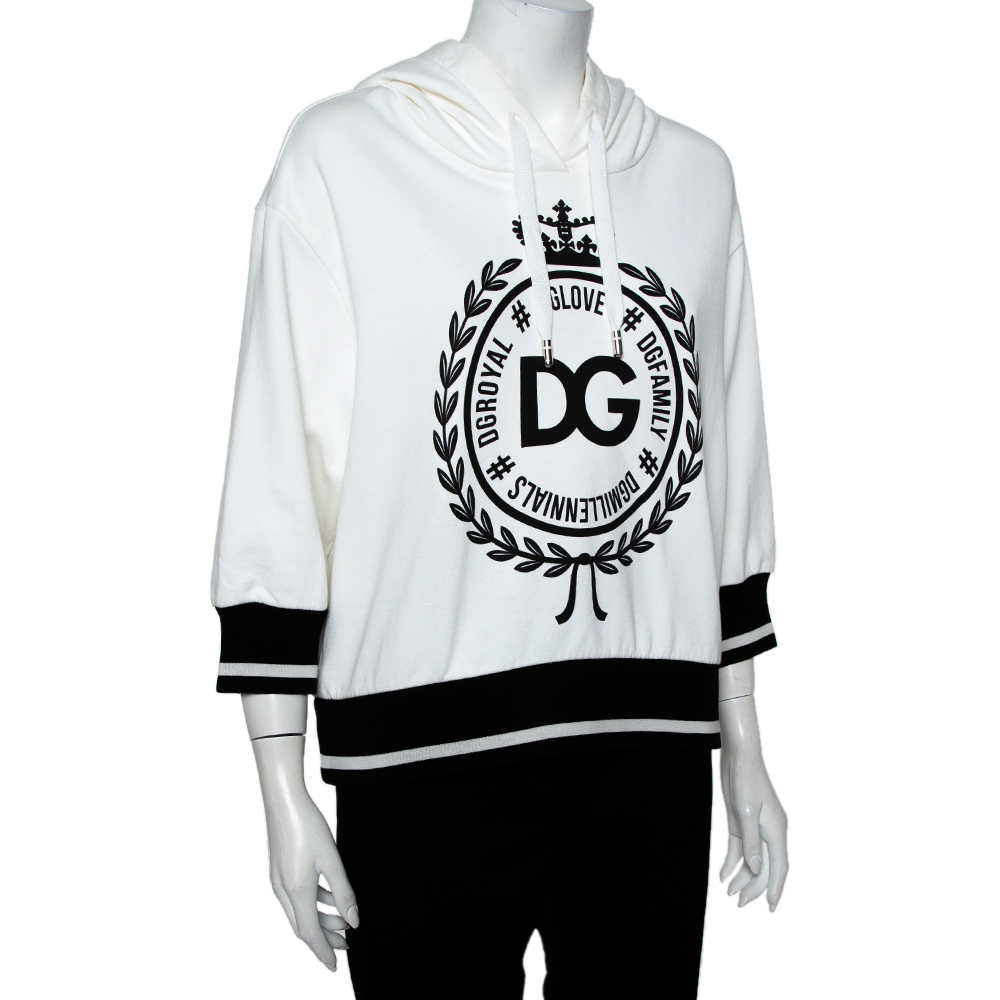 

Dolce & Gabbana White Cotton Logo Printed Hooded Sweatshirt