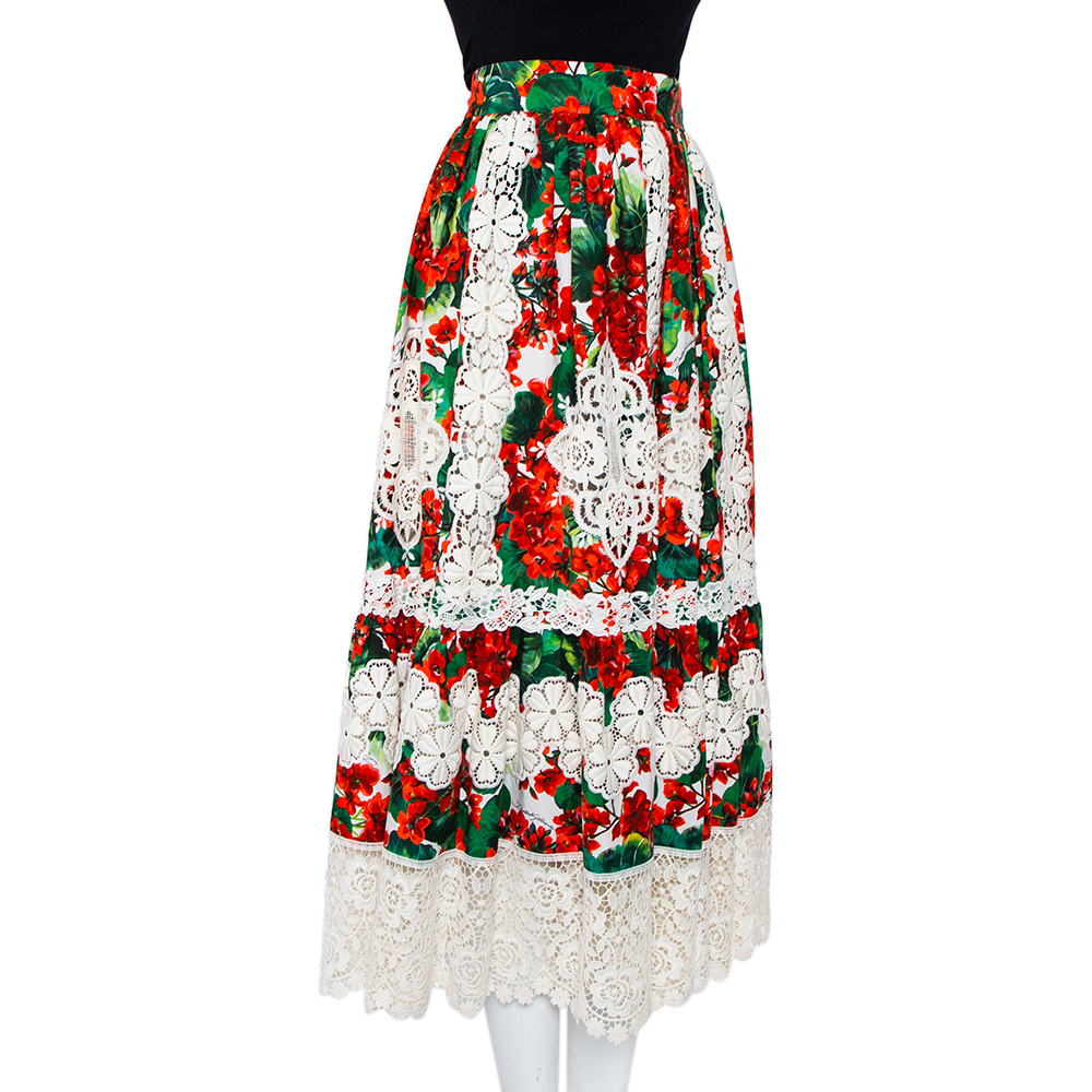 

Dolce & Gabbana Red Floral Printed Cotton & Lace Paneled Midi Skirt