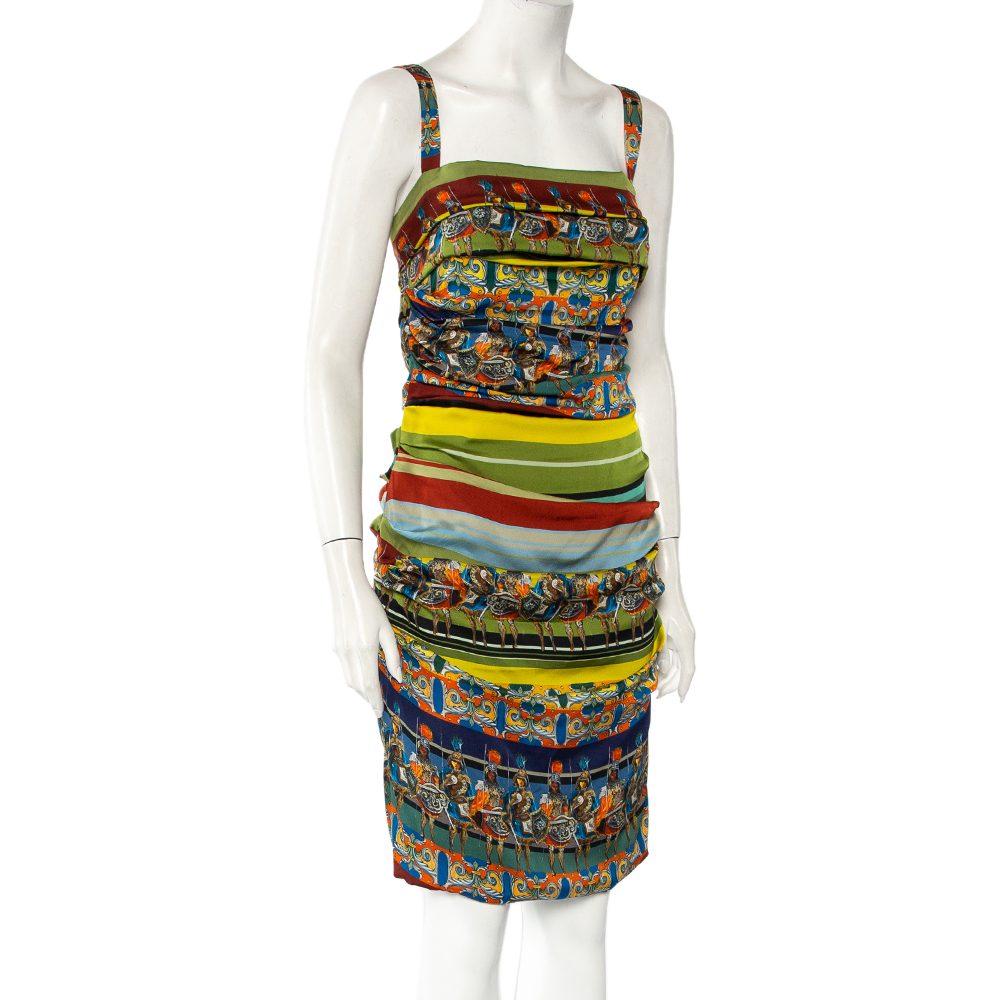 

Dolce & Gabbana Multicolor Sicilian Warrior Stripe Printed Silk Ruched Sleeveless Mini Dress