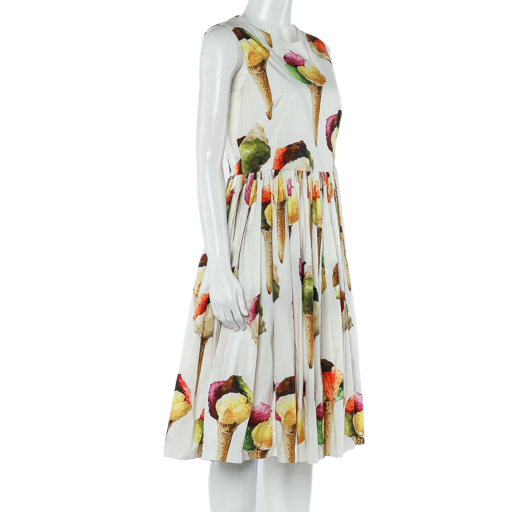 

Dolce & Gabbana White Ice Cream Print Cotton Gathered Dress