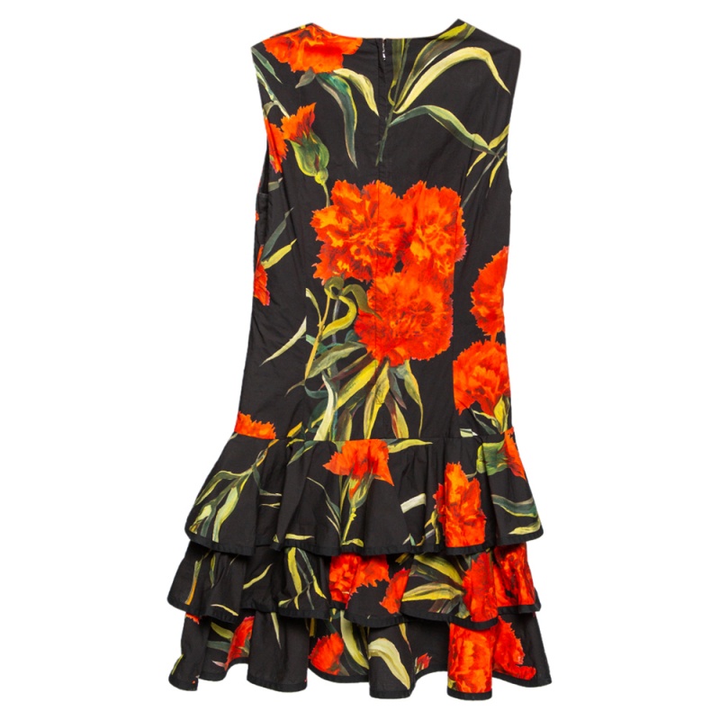 

Dolce & Gabbana Black Floral Printed Cotton Ruffled Hem Sleeveless Mini Dress