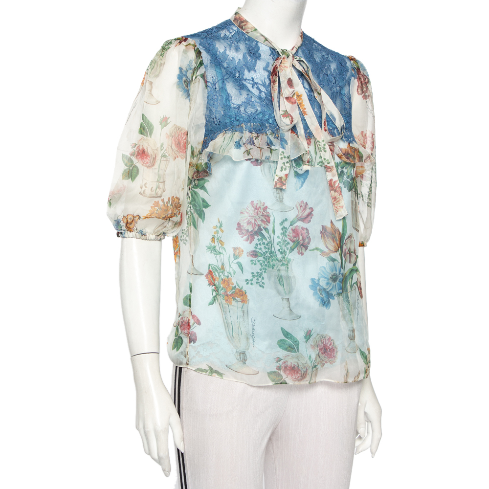 

Dolce & Gabbana Multicolor Silk & Lace Neck Tie Detail Top