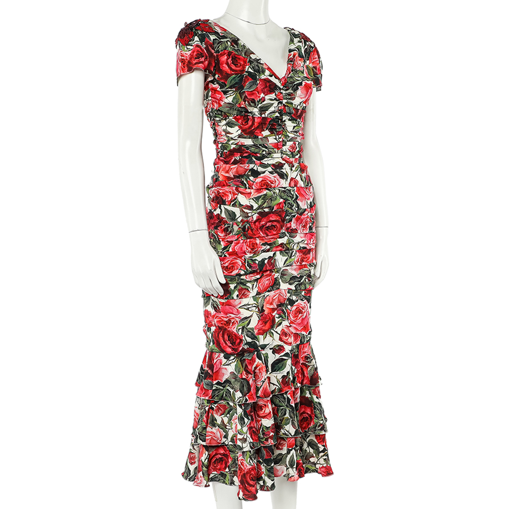 

Dolce & Gabbana Multicolor Floral Printed Silk Crepe Ruched Midi Dress