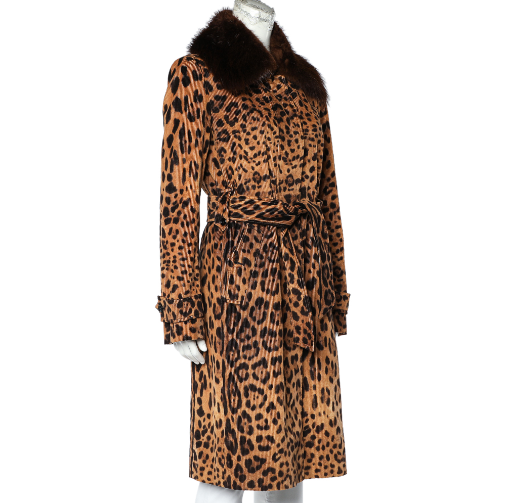 

Dolce & Gabbana Brown Leopard Printed Corduroy Fur Collar Detail Coat