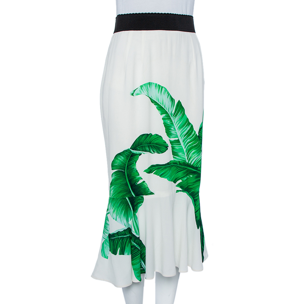 

Dolce & Gabbana White Banana Leaf Printed Crepe Flared Hem Midi Skirt