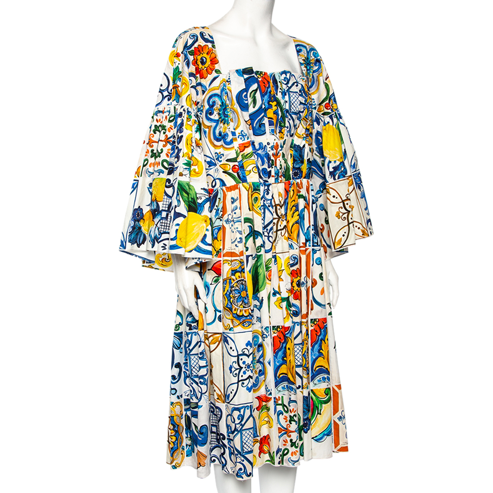 

Dolce & Gabbana Multicolor Majolica Printed Cotton Pleated Neckline Flared Midi Dress