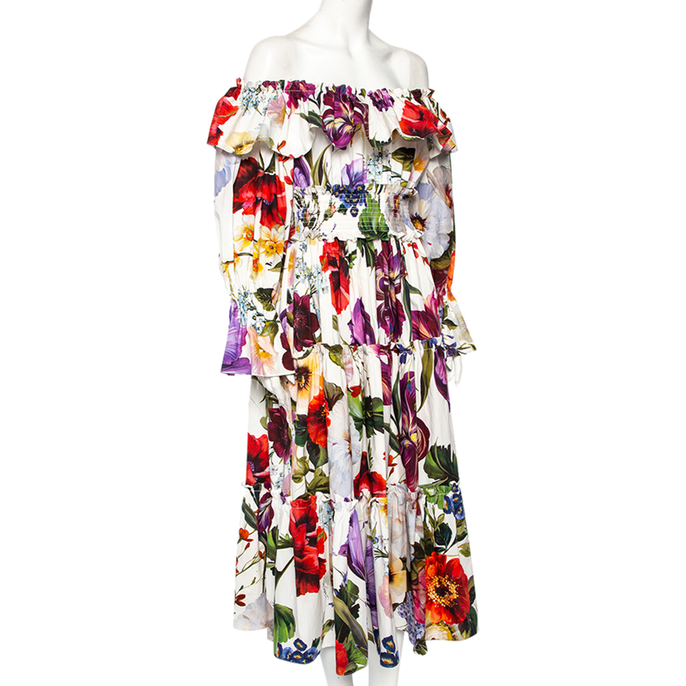 

Dolce & Gabbana White Floral Printed Cotton Ruffle Detail Tiered Off Shoulder Midi Dress