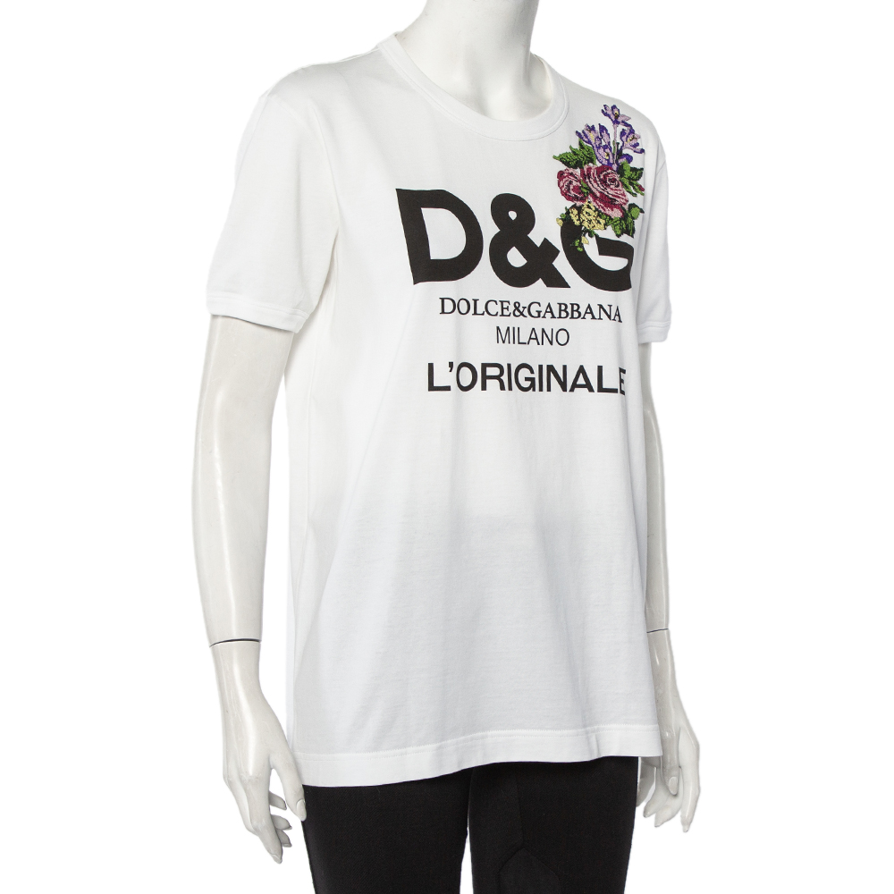 

Dolce & Gabbana White Logo Printed Cotton Floral Applique Detail Crewneck T-Shirt