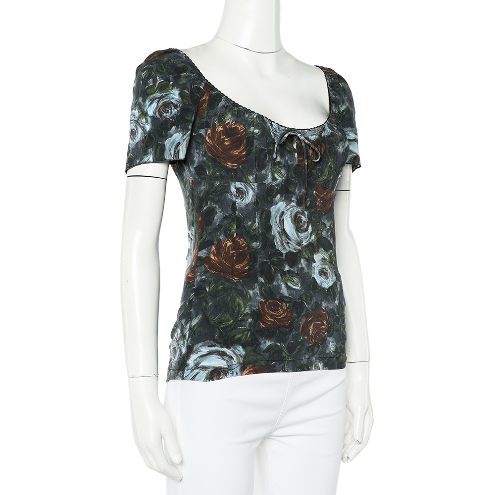 

Dolce & Gabbana Grey Floral Printed Silk Scoop Neck Top