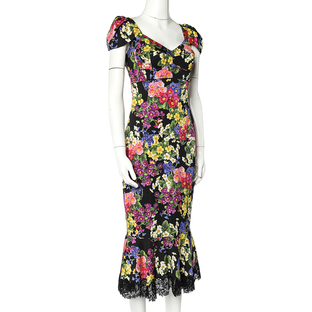 

Dolce &Gabbana Black Fiorellini Printed Silk Lace Trim Bustier Detail Midi Dress