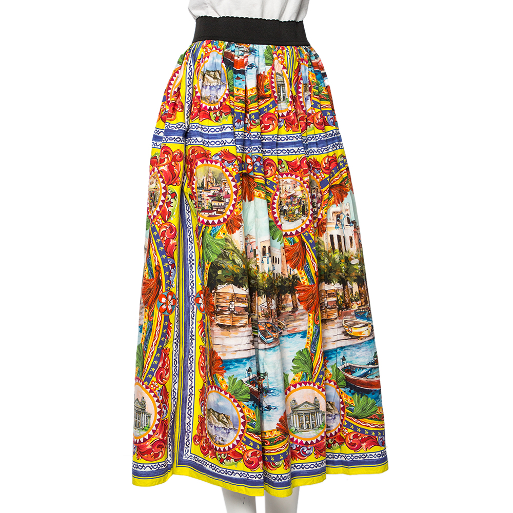 

Dolce & Gabbana Multicolor Sicilian Postcard Printed Cotton Midi Skirt