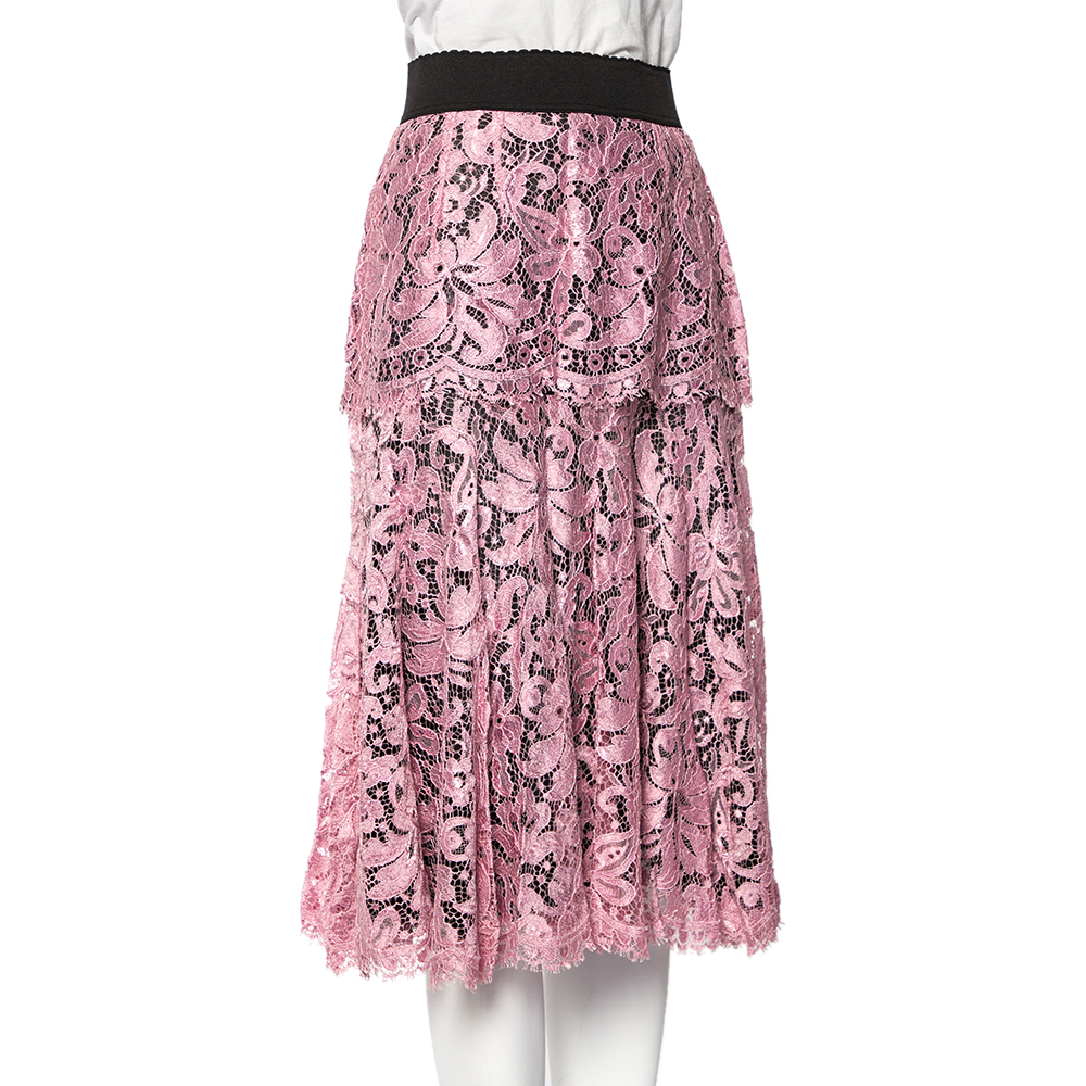 

Dolce & Gabbana Black & Pink Corded Lace Midi Skirt
