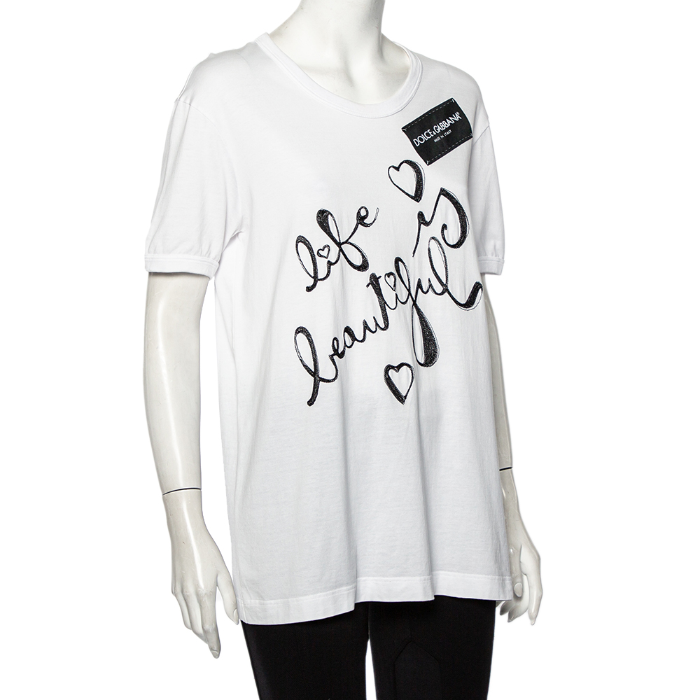 

Dolce & Gabbana White Cotton Life is Beautiful Embroidered T-Shirt