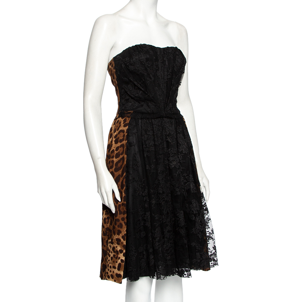 

Dolce & Gabbana Brown Leopard Printed Silk & Lace Draped Neck Bustier Dress