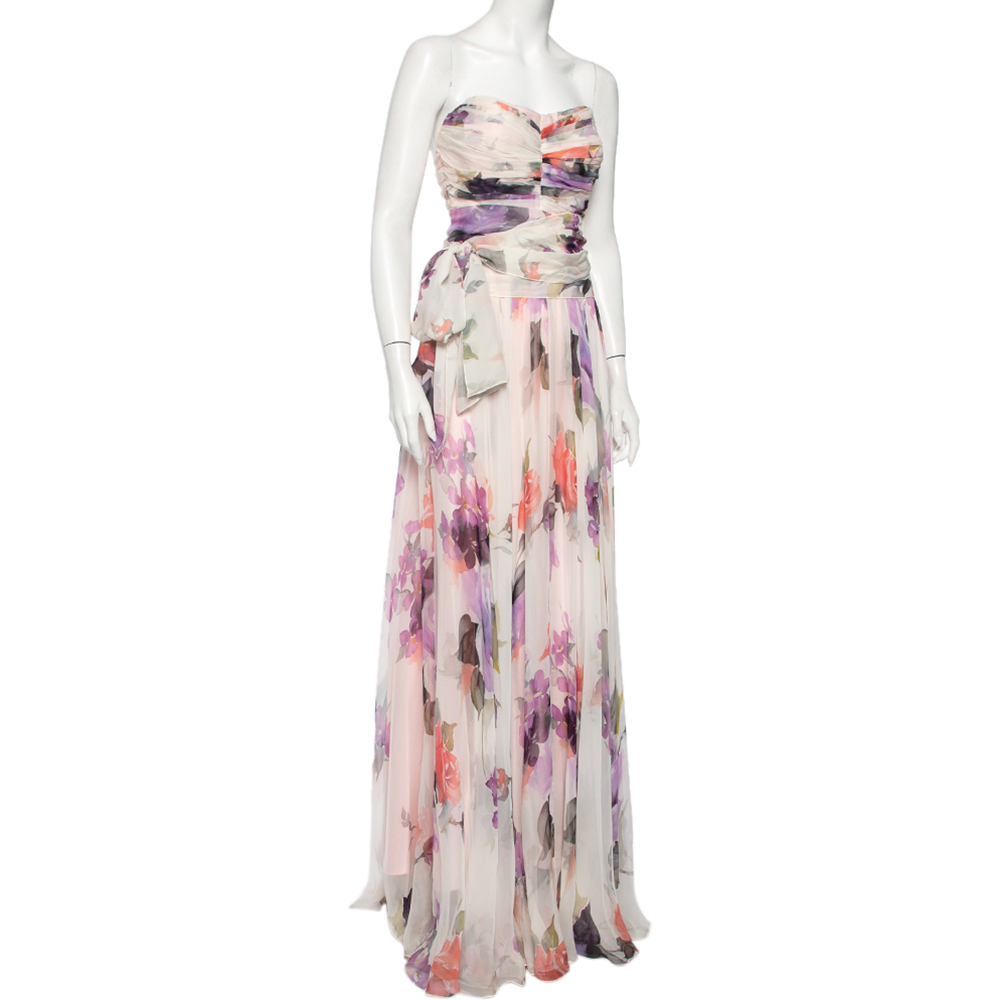 

Dolce & Gabbana White Floral Printed Silk Waist Tie Detail Strapless Gown