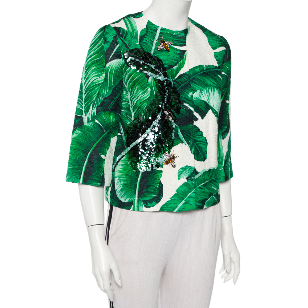 

Dolce & Gabbana Green Banana Leaf Printed Jacquard Embellished Collarless Jacket