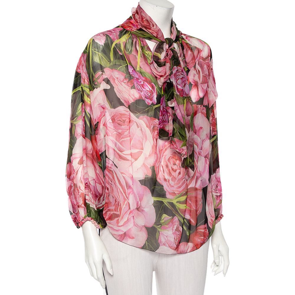 

Dolce & Gabbana Pink Rose Printed Silk Neck Tie Detail Top