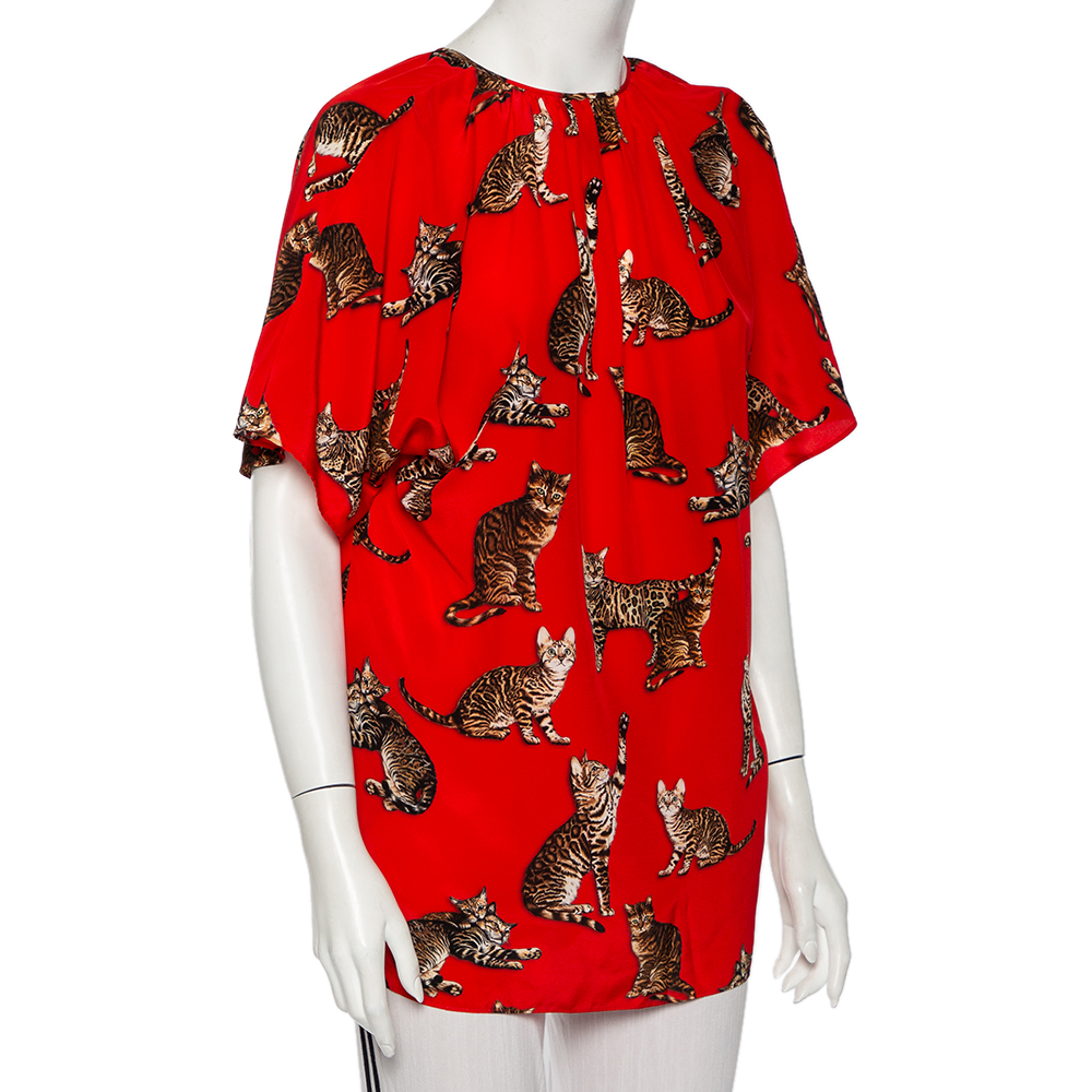 

Dolce & Gabbana Red Cat Printed Silk Short Sleeve Blouse