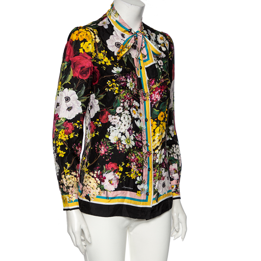 

Dolce & Gabbana Black Floral Printed Silk Neck Tie Detail Shirt