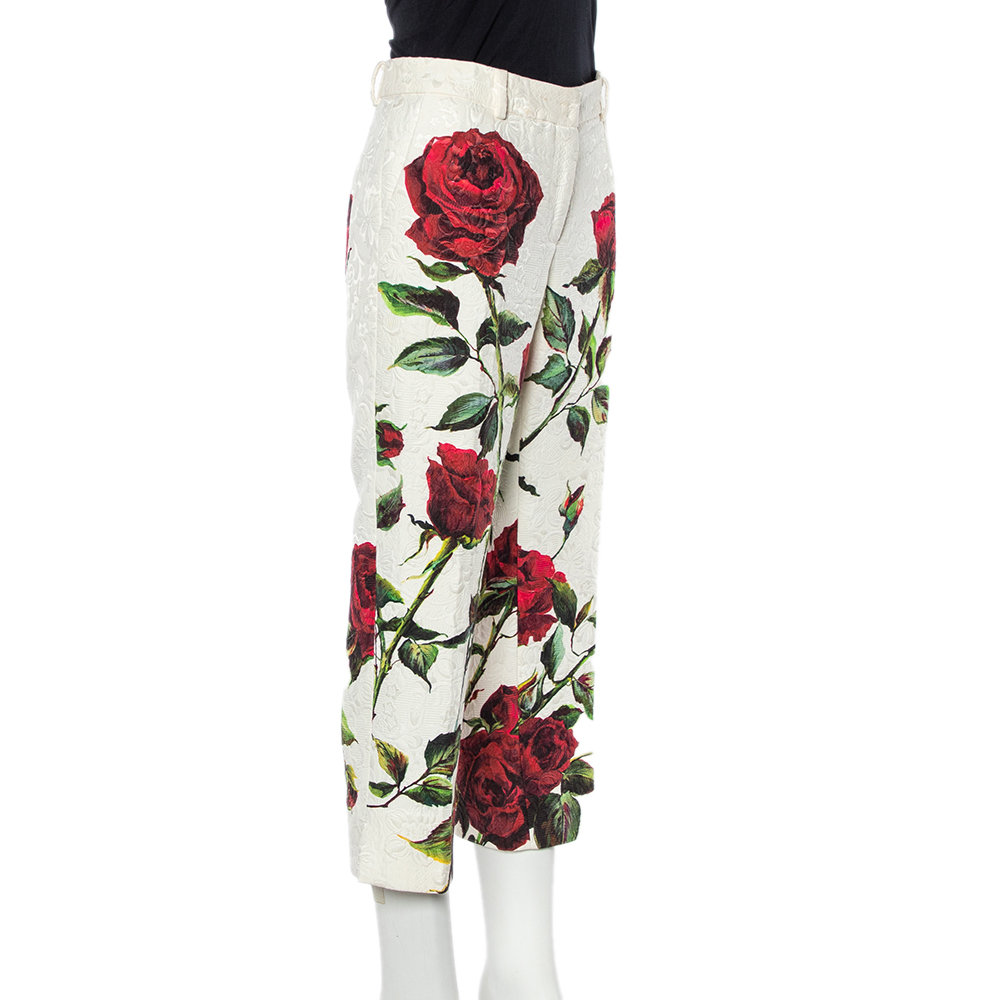 

Dolce & Gabbana White Rose printed Brocade Tapered Cropped Pants