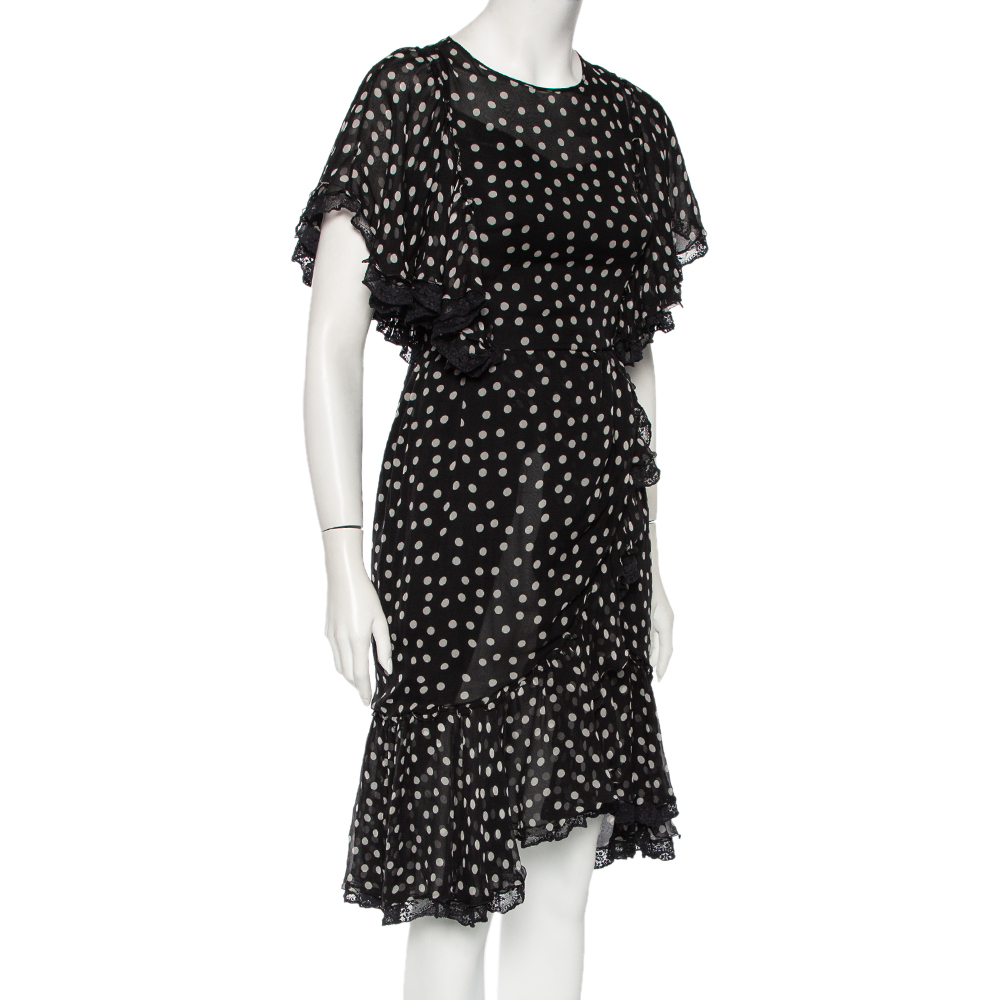 

Dolce & Gabbana Black Polka Dot Silk Ruffled Faux Wrap Midi Dress