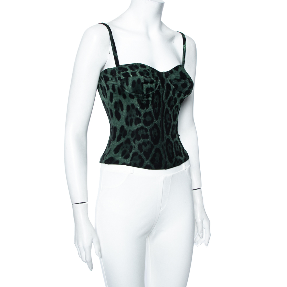 

Dolce & Gabbana Dark Green Leopard Print Silk Bustier Top