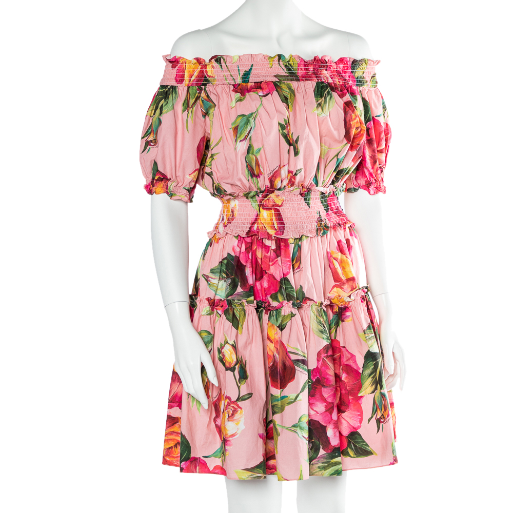 

Dolce & Gabbana Pink Floral Printed Cotton Off Shoulder Dress