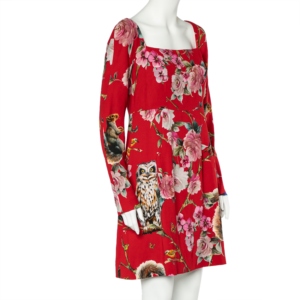 

Dolce & Gabbana Red Crepe Enchanted Forest Print Long Sleeve Dress