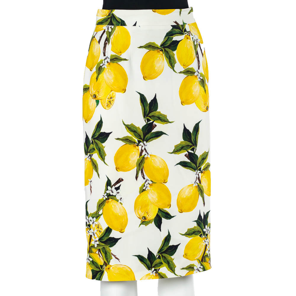 

Dolce & Gabbana White Lemon Print Crepe Knee Length Skirt