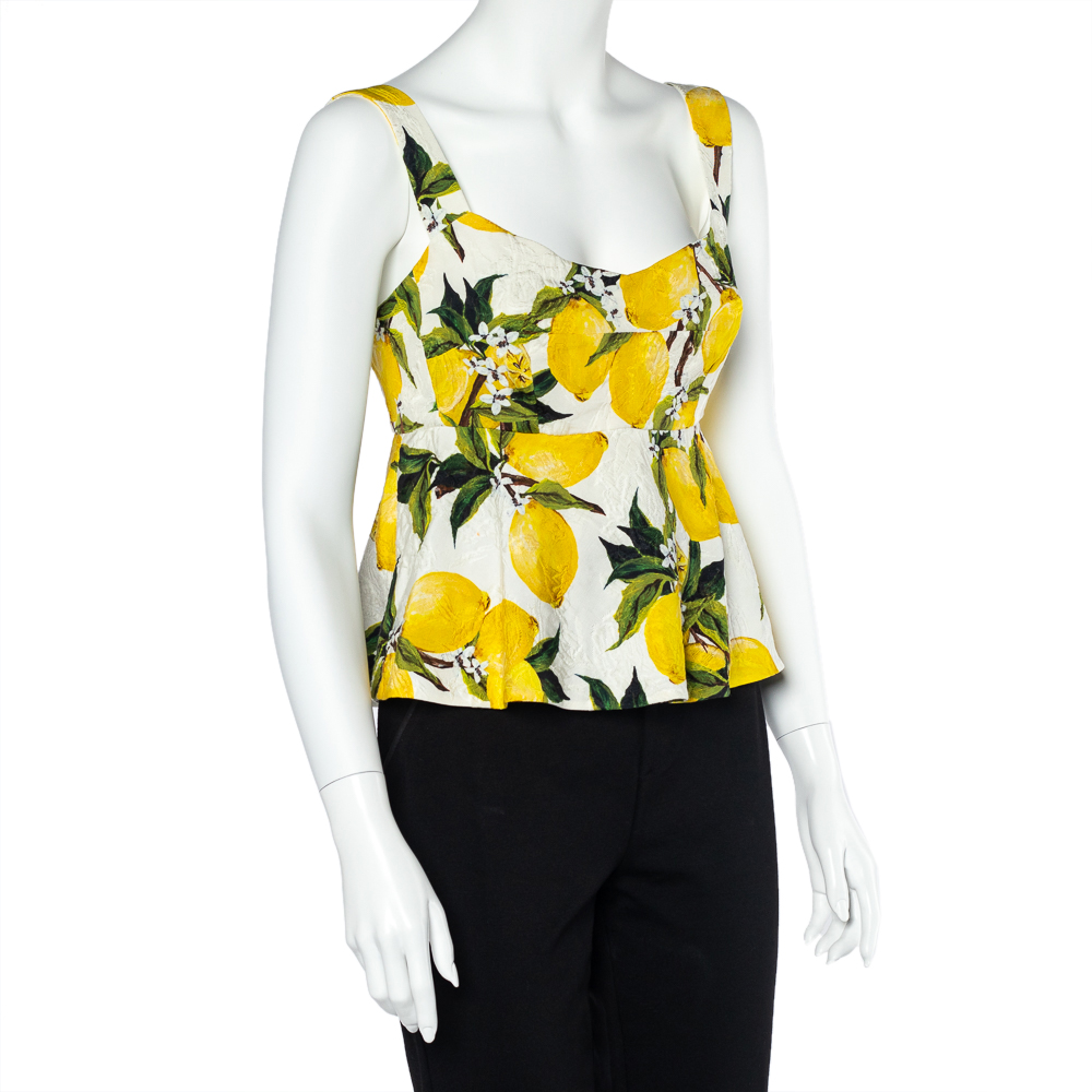 

Dolce & Gabbana White Lemon Printed Jacquard Peplum Cropped Top