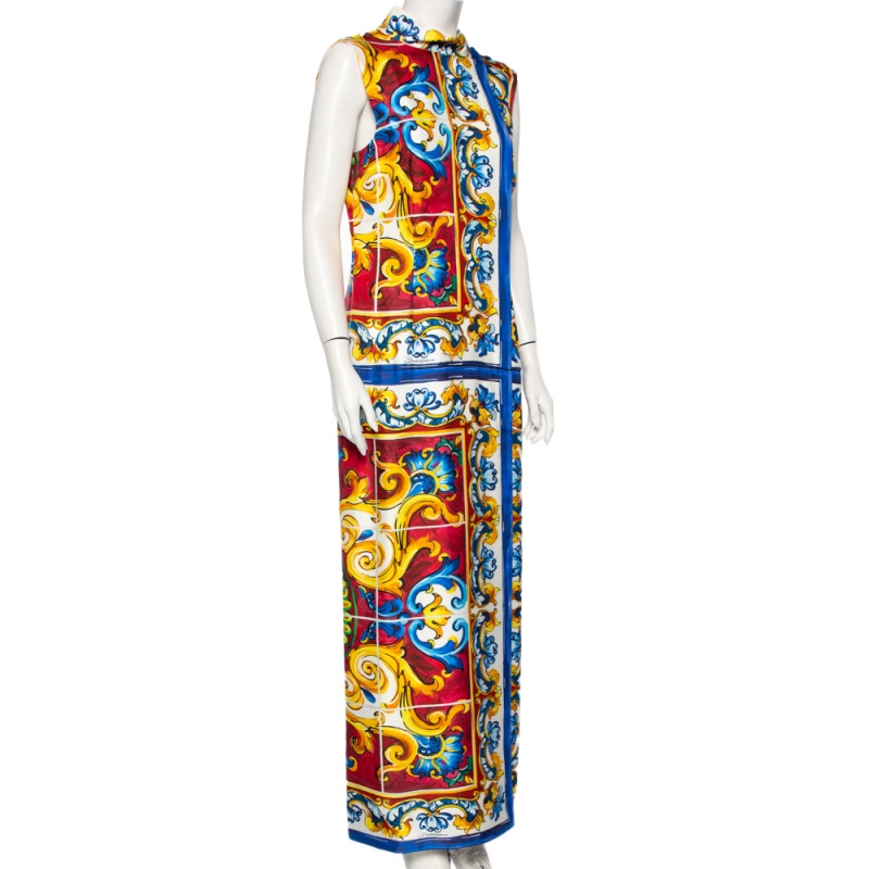 

Dolce & Gabbana Majolica Print Silk Front Slit Maxi Dress, Multicolor