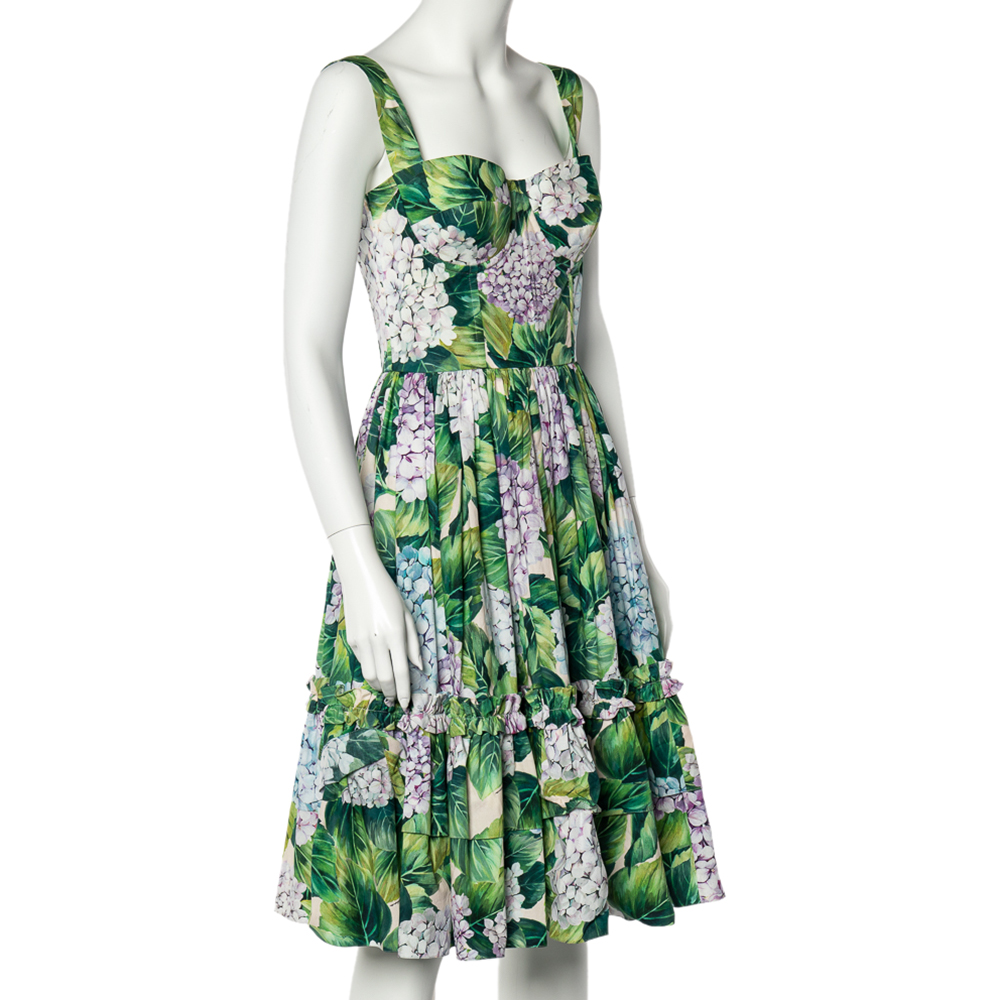 

Dolce & Gabbana Green Hydrangea Print Cotton Poplin Elasticized Waist Dress