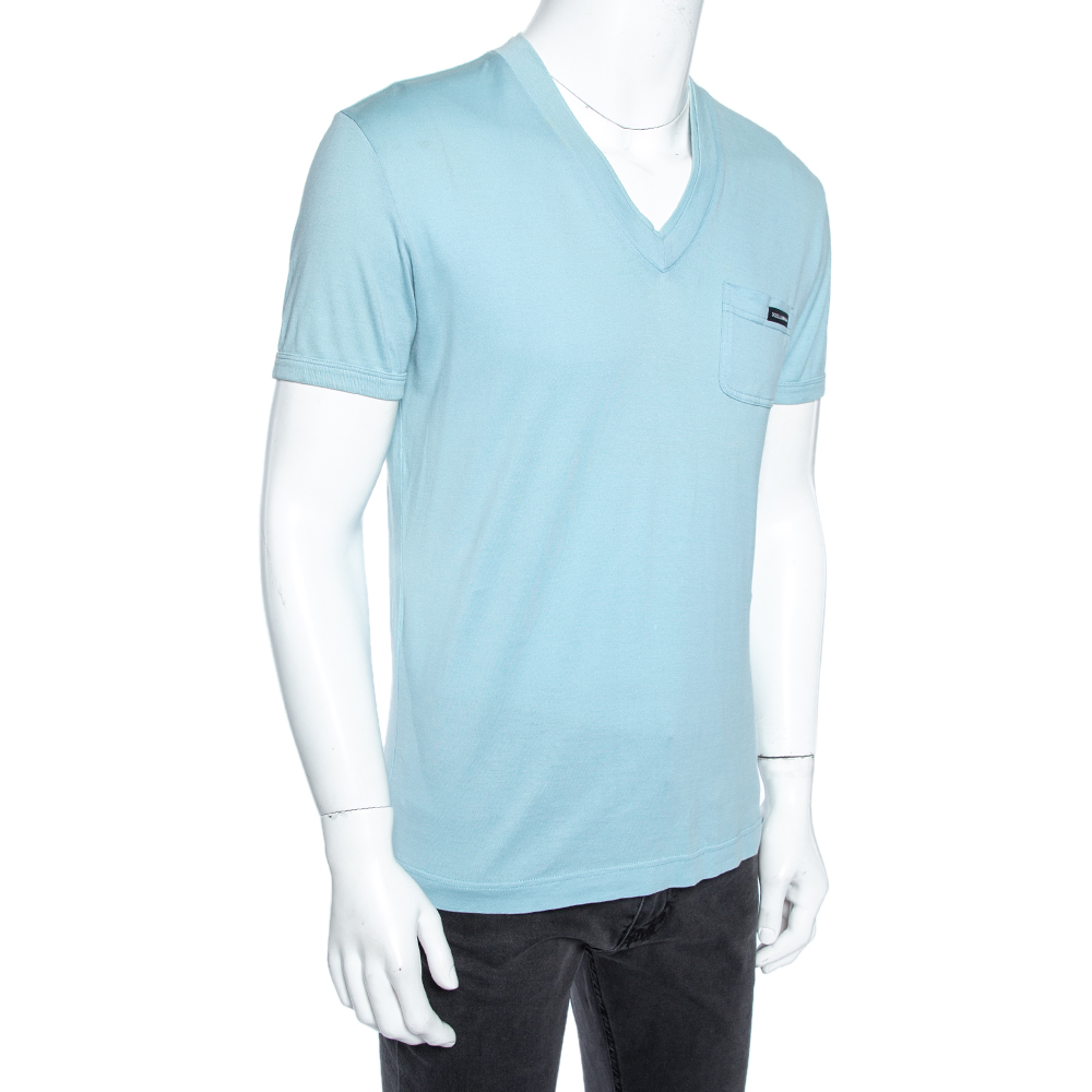 

Dolce & Gabbana Sky Blue Cotton Patch Pocket Detail V-Neck T-Shirt