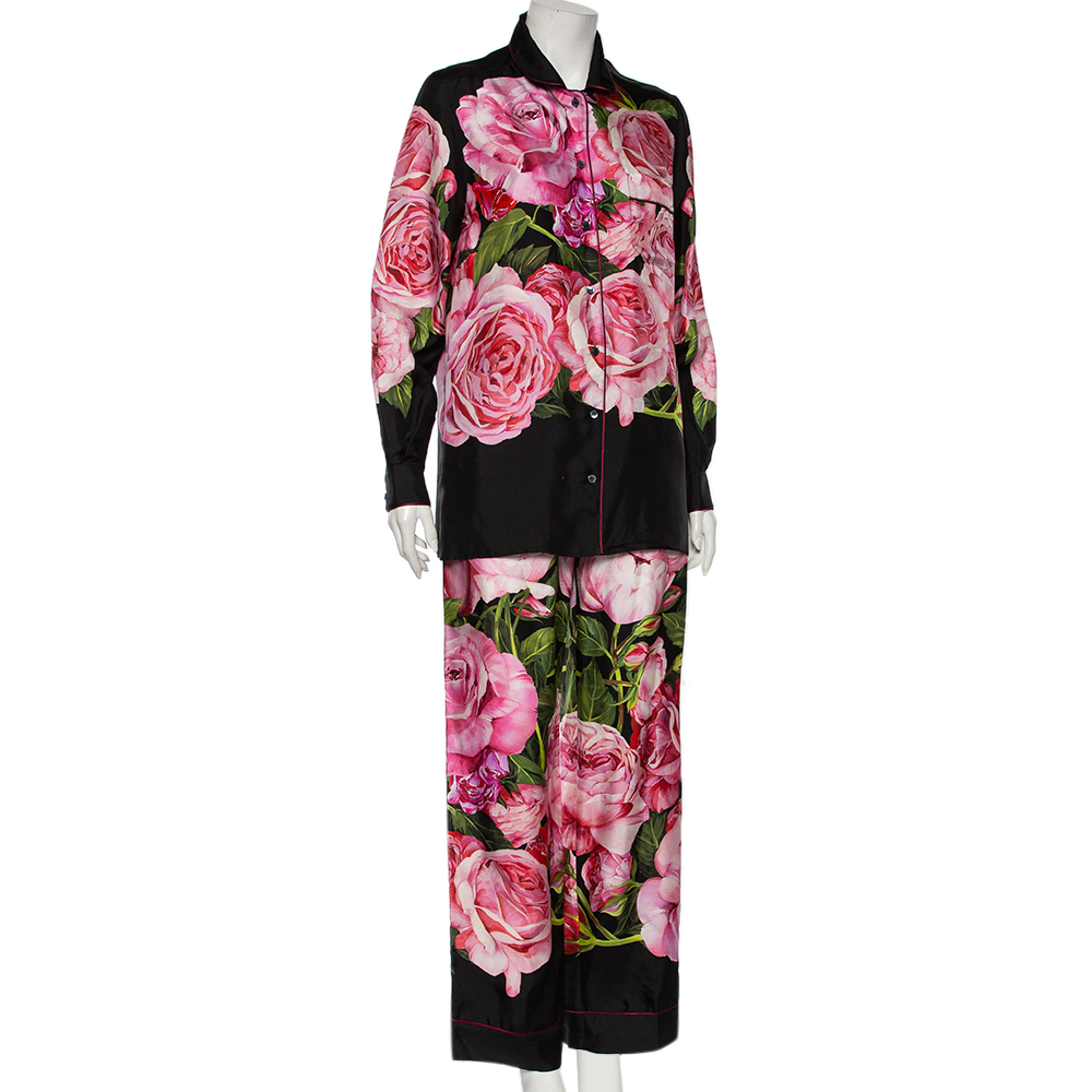 

Dolce & Gabbana Black Rose-Print Silk Pajama Set