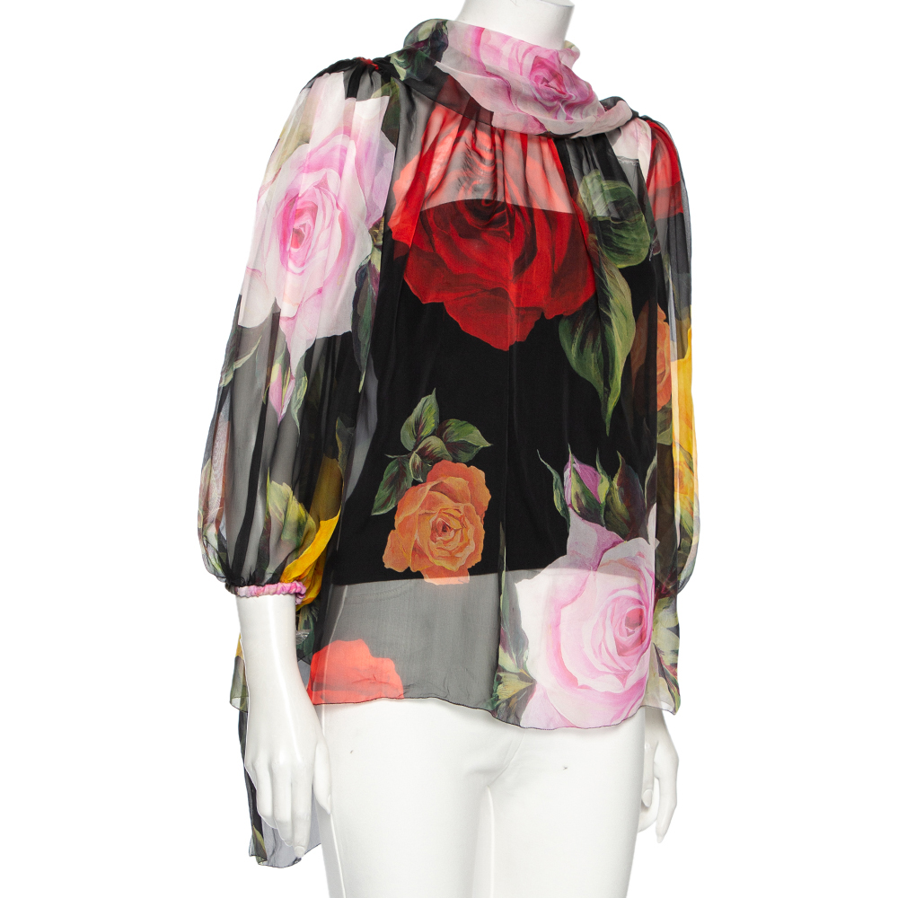 

Dolce & Gabbana Black Floral Printed Silk Self-Tie Detail Blouse