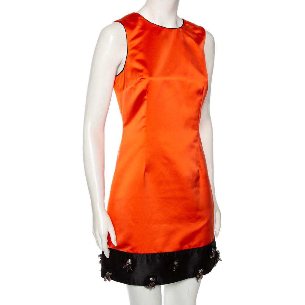 

Dolce & Gabbana Orange Satin Contrast Embellished Hem Detail Short Dress