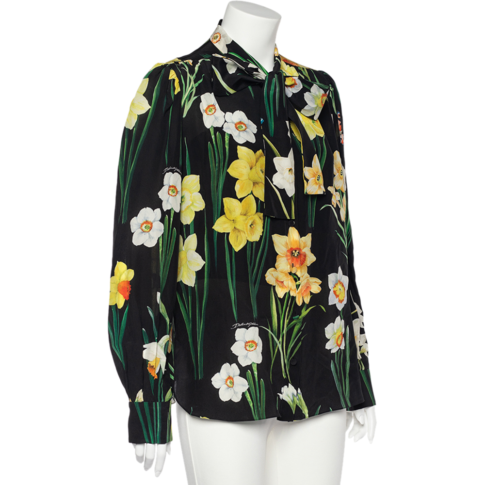 

Dolce & Gabbana Black Floral Printed Silk Neck Tie Detail Shirt